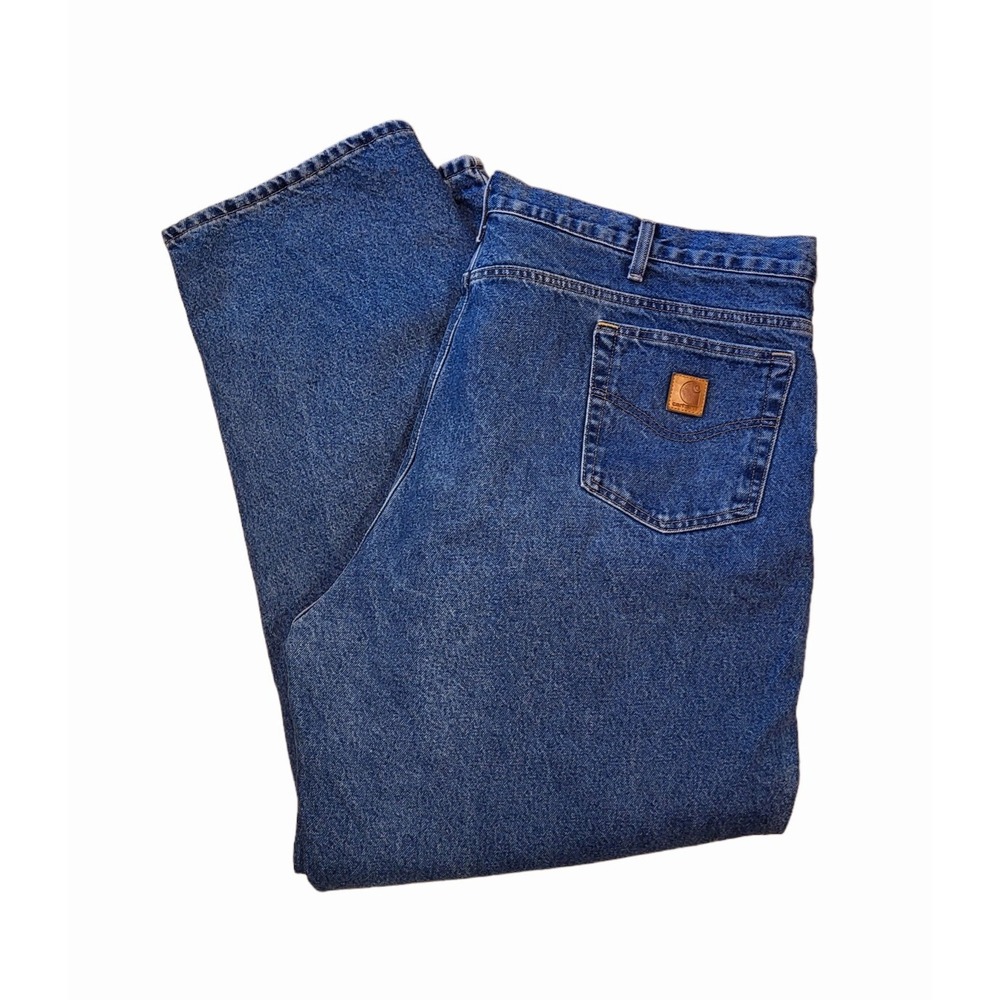 Men's W46 L32 Relaxed Fit CARHARTT Plaid Flannel Lined Denim Blue Jeans
